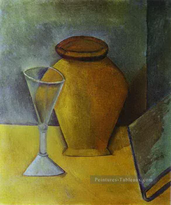 Verre à Vin en Pot et Livre 1908 cubiste Peintures à l'huile